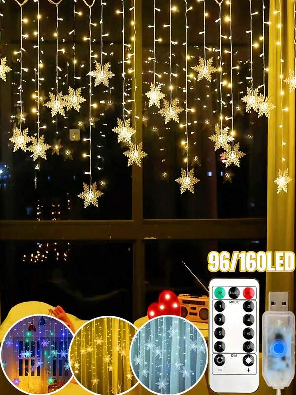 3.5/7م إضاءة ستارة LED بتصميم نجوم الثلج تعمل بالطاقة من منفذ USB - 96/160 مصباح LED، 8 أوضاع إضاءة، مناسبة للنوافذ وأشجار عيد الميلاد والجدران والعائلات وأعياد الميلاد والحفلات والمناسبات والزفاف، مع خاصية ضبط السطوع ووظيفة التوقيت، إضاءة جو عيد الميلاد (أبيض دافئ/ملون/أبيض)