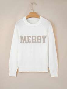 Acelitt 白色“MERRY”字母图案插肩袖休闲圣诞毛衣 - 白色 - 查看 5