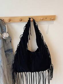 New Women's One Shoulder Underarm Crescent Moon Bag, Large Capacity Tote Bag, Fashion Street Style Tassel Decor, Chic Solid Color Suede Fabric, High-Quality Feel, Suitable For Travel, Shopping, Dating And Other Versatile Occasions