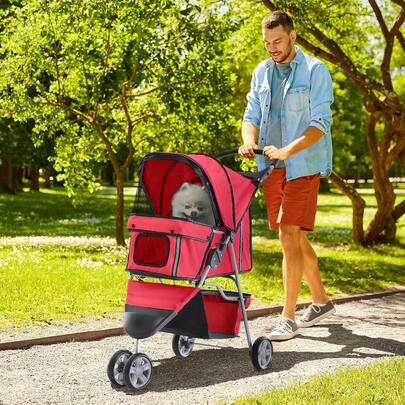 PawHut Cat Stroller, 3 Wheels Foldable Dog Stroller With Storage Basket, Brake, Adjustable Canopy, Cupholders, Pet Stroller For Miniature And Small Dogs Travel, Red