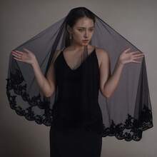 1 Pc Black Lace Hijab Veil Wedding Bride Blusher Veil  Us In Stock   Fast Delivery BV65 - 黑色 - 查看 2