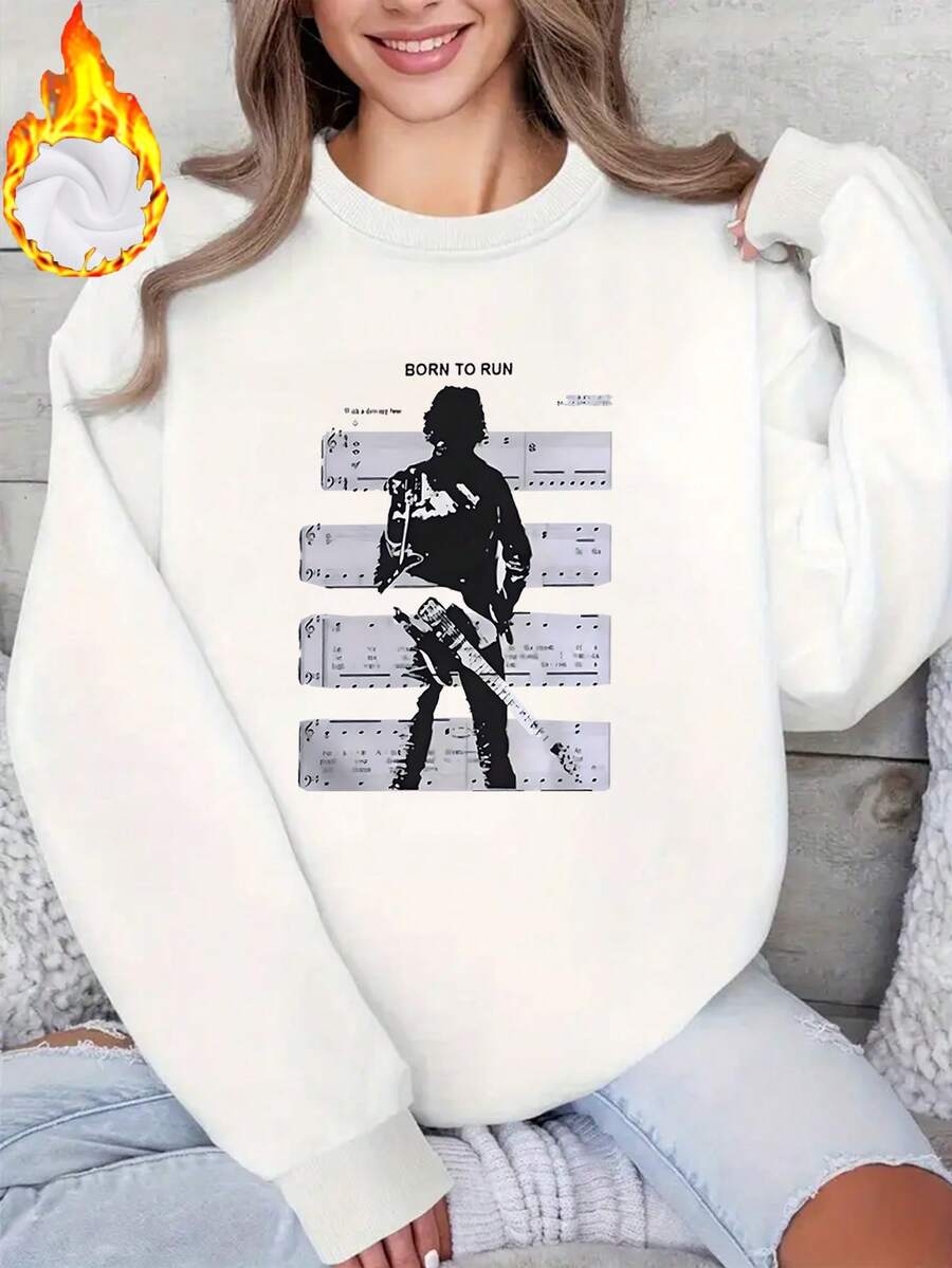 1PC Bruce Springsteen Born To Run Music Sheet Graphic Print Fleece Sweatshirt Women's Pullover, Warm And Stylish!