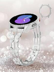 Huastonband 2件組 BlingBling 2合1 亮晶晶水晶鑽無螢幕防撞保護殼與蝴蝶造型金屬可調式錶帶，鑲嵌亮晶晶水晶鑽，相容 Galaxy Watch 3/4/5/6 Galaxy Watch 7 40mm 44mm 45mm，易安裝拆卸，年輕時尚女性銀色智慧手錶錶帶 - 銀色 - 查看 10