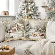 4PCS Vintage Christmas Pillow Cover, Christmas Tree Reindeer Snowman Decorative Cushion Cover, Merry Christmas, Cottage Winter Holiday Home Decor, Suitable For Sofa Living Room Bedroom, Single-Sided Without Pillow Insert.