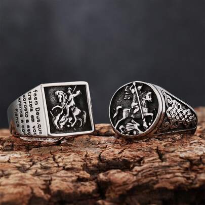 1Piece Stainless Steel Vintage Staint George Protect Us Dragon Slayer Knight Hero Angel Sqaure And Round Signet Ring For Men Boys