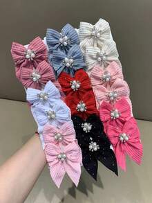 6 件随机彩色纯色华夫格纹理蝴蝶结水钻发夹，甜美女孩公主发饰，适合日常佩戴和派对 - 彩色 - 查看 6