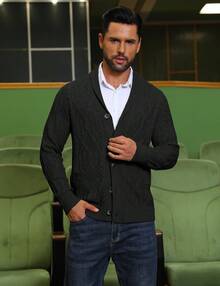 URRU Mens Shawl Collar Cardigan Sweater Casual Slim Fit Button Down Cable Long Sleeve Knitted Sweater With Pockets - Black - View 5