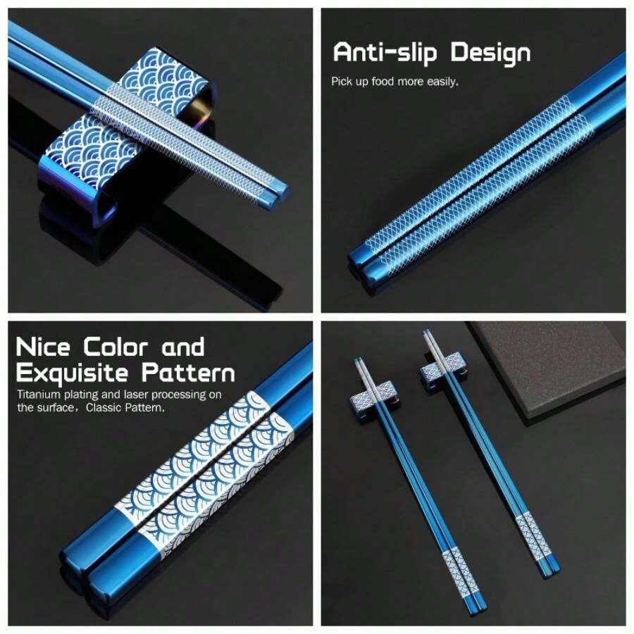 - Palillos reutilizables de acero inoxidable chapados en titanio con soporte, aptos para lavaplatos, juego de palillos ligeros de estilo japons azul - Azul - Ver 1