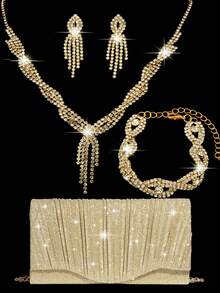 Bộ trang sức đính đá lấp lánh, vòng cổ, bông tai, vòng tay, túi xách phong bì vàng sang trọng, túi cầm tay dự tiệc, đám cưới lãng mạn, túi đeo vai xích xuân/hè, túi cô dâu, túi cầm tay dự tiệc trang trọng, túi đựng váy dạ hội thanh lịch, hoàn hảo cho tiệc cưới, tiệc tối/tiệc tối - Vàng - Xem 1