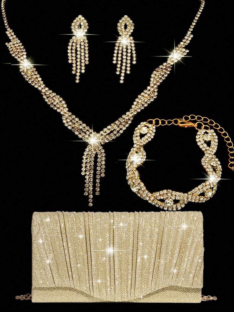 Bộ trang sức đính đá lấp lánh, vòng cổ, bông tai, vòng tay, túi xách phong bì vàng sang trọng, túi cầm tay dự tiệc, đám cưới lãng mạn, túi đeo vai xích xuân/hè, túi cô dâu, túi cầm tay dự tiệc trang trọng, túi đựng váy dạ hội thanh lịch, hoàn hảo cho tiệc cưới, tiệc tối/tiệc tối - Vàng - Xem 1