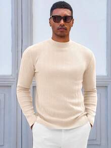 Men's Slim Fit Mock Turtleneck Sweater Casual Ribbed Knitted Pullover Basic Warm Wear For Fall/Winter - 米色 - 查看 2