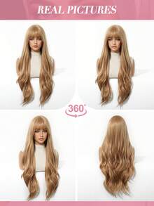 Ava WIGS 30英寸长波浪卷假发，带刘海，耐热，无蕾丝，适合女性。黑红混色长波浪卷假发，日常派对角色扮演多色假发，万圣节礼物，女士之选。 - 金色 - 查看 8