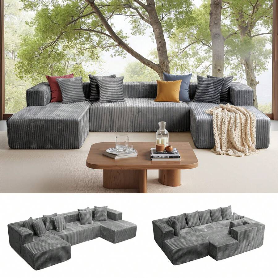 Kelyda 130'' U Shaped Sectional Couches For Living Room Apartment, Modern Modular Boneless Cloud Sofa With 2 Chaise Lounges Sleeper, 4-In-1 Flexible Combination Layered Foam Cushion Faux Rabbit Fur Fabric Deep Seat Corner Couch, No Assembly Required Furniture Home Decor - Xám - Xem 1