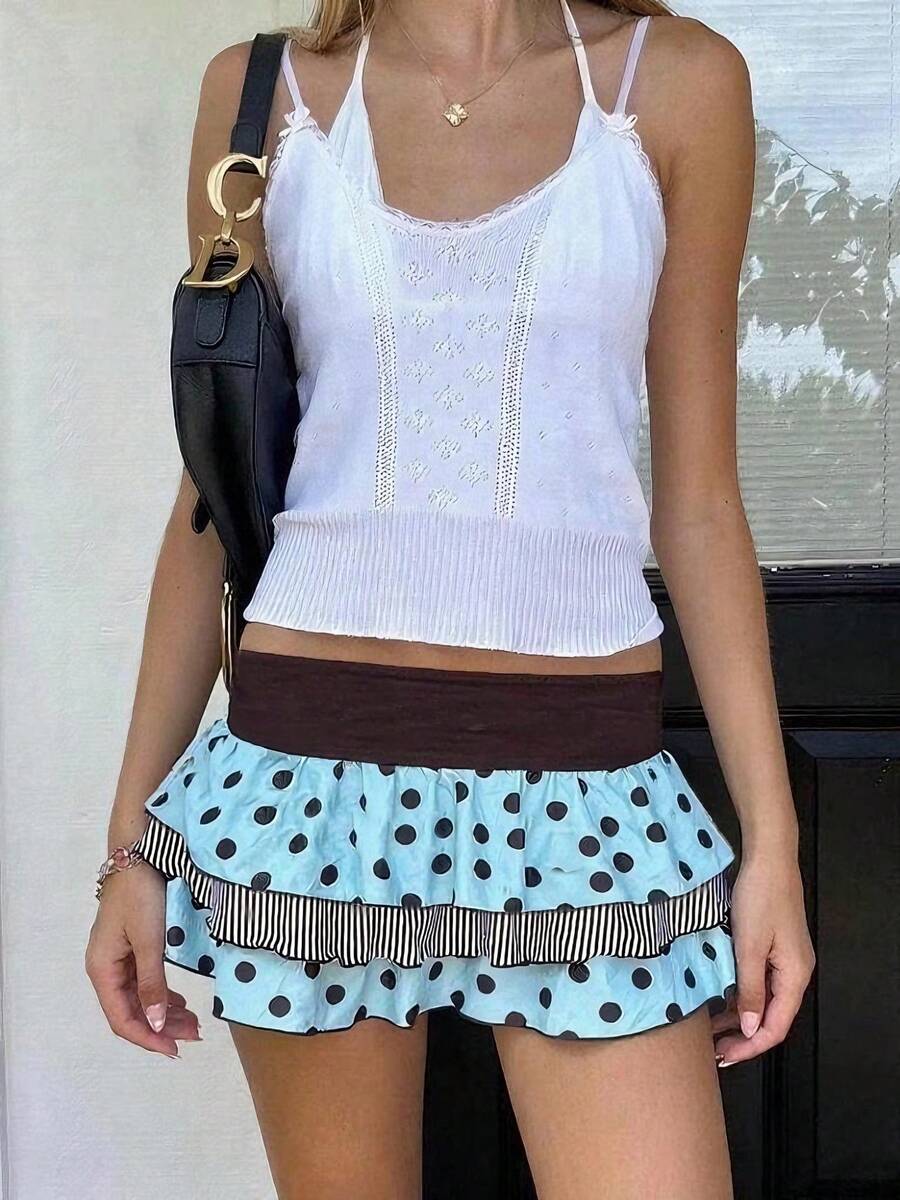 Women's Chic Casual Pink Polka Dot Layered Ruffles Skirt White Waistband Low Rise Mini Skirt Summer Daily Street Outing - 藍色 - 查看 1