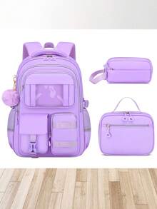 3pcs/Set Teen Girl's Backpack - Middle School Student Bag With Lunch Box Pocket & Pencil Case, 15.6-Inch School Laptop Backpack, Casual Simple Multi-Pocket Design With Plush Ball Pendant, Back-To-School Essential For School & Travel