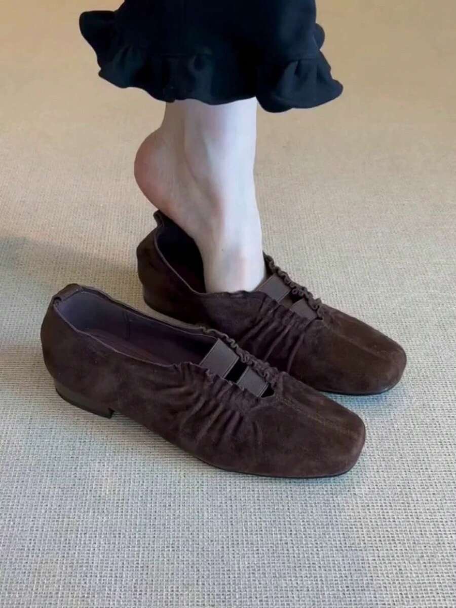 2025新款复古方头褶皱低跟乐福鞋，百搭系带鞋，简约纯色女鞋 - 棕色 - 查看 1
