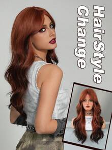 AKAKO 24 Inch Dark Orange Long Wavy Wig With Curtain Bangs, High Quality Heat-Resistant Fiber Synthetic Wave Curly Hair Wig, Gorgeous Goth Style Costume Wigs For Women Halloween Party Masquerade Ball,Music Festivals & Carnival Use - 薑色 - 查看 2