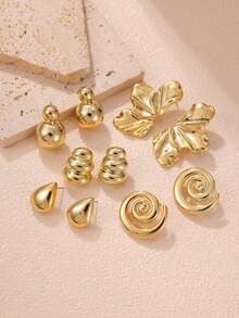 2-10 件/套时尚金花、泪珠、圆形、螺旋耳钉套装，适合女性度假、派对、日常佩戴 - 金色 - 查看 4