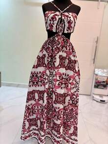 Women's Strapless Maxi Dress In Woven Fabric With Intricate Print And Slight Stretch For A Chic Summer Style - Hot Pink - View 3