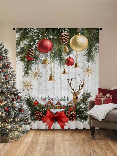 1pc Christmas Bell & Reindeer Decorative Sheer Curtain, Polyester Material, Flowy Curtain With Christmas Golden Flowers, Balloons, Pine Branches, Christmas Tree, Suitable For Living Room Holiday Gathering, Christmas Party, Bedroom, Kitchen Decoration, 100g/㎡ Christmas Decorations Christmas Decoration Christmas Decorations Home Room Decor Home Decor