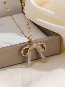 1 Set Stainless Steel Chain Bow Pendant Cubic Zirconia Necklace & Earrings Set For Women, Versatile Luxury Personalized Banquet Jewelry Gift, No Gift Box - Gold - View 6