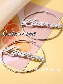 70mm Round Hoop Earrings Customized Name Earrings, Fashionable Personalized Bohemian Style Stainless Steel Gold Cursive Letter Handmade Exaggerated Hoop Earrings, Party Jewelry Birthday Holiday Gift For Her, Christmas Present - Silver-sandblasting - View 3