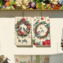 2 Stücke/100 Stücke Weihnachtskranz mit Vögeln und Geschenk Muster Küchentücher und Geschirrtücher, geeignet für Innenraumdekoration in Restaurants, Küchen und Bädern, Partydekoration, Festivalgeschenke, als Geschenk