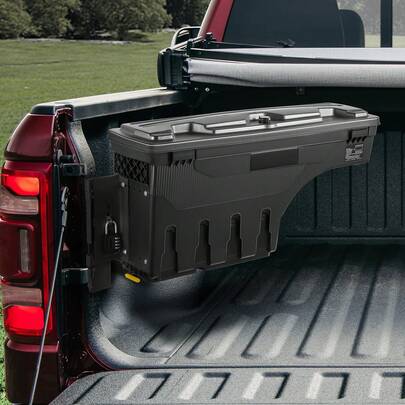 Caja de almacenamiento para caja de camión, tapa con cerradura, caja de herramientas impermeable ABS para rueda de 6,6 gal/20 L con candado con contraseña, compatible con Dodge Ram 1500 2019-2021, lado del conductor, negro