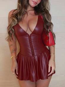 Sedessea Vestido negro de cuero sintético con escote en V sexy y vintage, con cuello halter, espalda descubierta, cremallera lateral, con boning y pliegues, para fiestas de Halloween - Burdeos - Ver 2