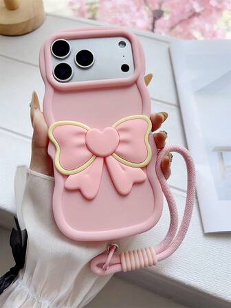 1个粉色爱心蝴蝶结装饰可爱波浪马卡龙风格手机壳，带手机挂绳，防震硅胶材质，兼容三星Galaxy//G04/G05/G13/G14/G15/G22/G24/G32/G60/G85