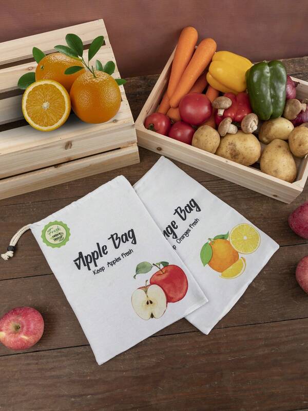 Bolsa de embalaje de fruta de manzana naranja, bolsa de transporte de frutas de poliéster con aspecto de lino, de doble capa y cordón cuadrado. Bolsa reutilizable para el hogar para mantener las frutas frescas.