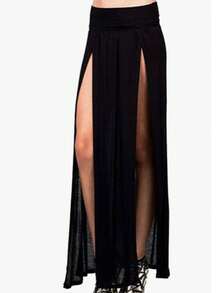 Falda Larga Con Doble Abertura Al Frente  Con Fajilla Alta - Negro - Ver 3