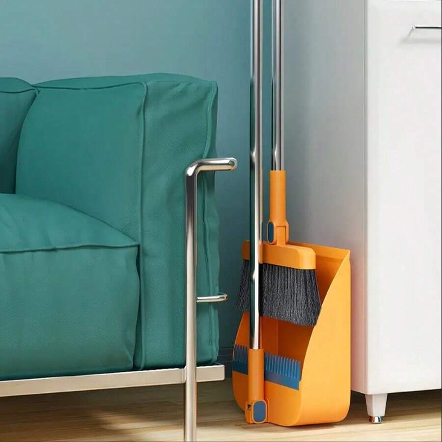 2pcs Set Of Brand New 2-In-1 Rotatable And Foldable Magnetic Suction Broom Dustpan Sweeping Set With Garbage Bag And Towel, Enlarged And Thickened Household Broom, Living Room, Bedroom Pet Hair Cleaning Broom, Non Stick Soft Hair Orange - trái cam - Xem 1
