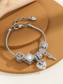 1 Piece European And American Stylish Heart Bow - Heart Flower 2-In-1 Heart Lock Keychain Beads Bracelet - 彩色 - 查看 2