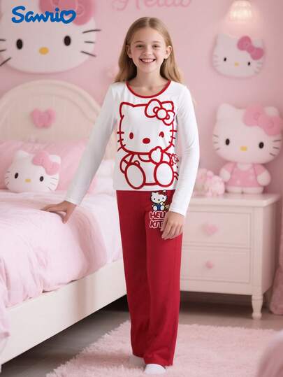 Sanrio Sanrio Hello Kitty Girls Cartoon Print Crew Neck Long Sleeve Top And Long Pants 2 Pieces Pajama Set
