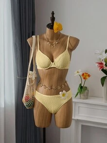 Bellisia Solid Color Bikini Set With Underwire, Shirred, Soft Cup, Suitable For Beach Vacation For Summer