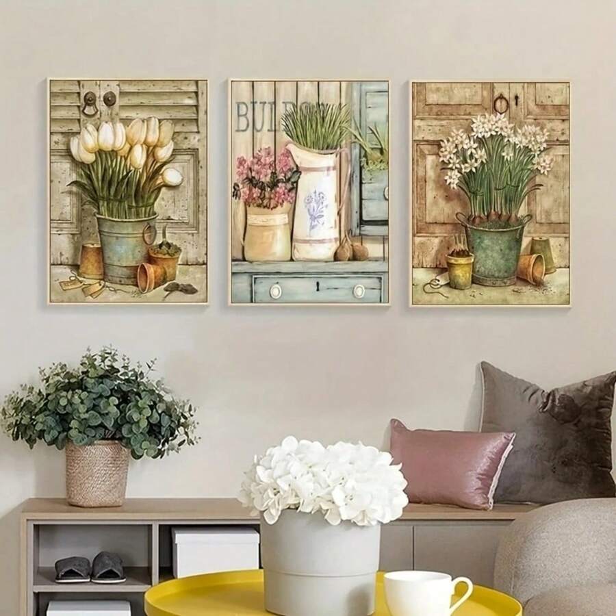3pcs/Set European Vintage Plant Flower Potted Posters And Prints Botanical Garden Oil Paintings Retro Wall Art Paintings Suitable For Home Decoration, Room Decoration, Bedroom Decoration, Living Room Decoration, Bathroom Decoration, Wall Decoration, Optional Wall Art With Frame