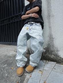 Men's Baggy Straight Jeans Street Style Loose Fit Vintage Denim Pants Full Length Y2K Look Casual No Stretch Blue Wash - 淺色水洗藍 - 查看 1