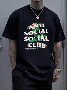 Artistic Graphic Featuring A Blooming Rose Intertwined With Bold Anti Social Club Text Symbolizing Contrast Between Beauty And Isolation 100% Cotton Casual Tee For Men - 黑色 - 查看 1