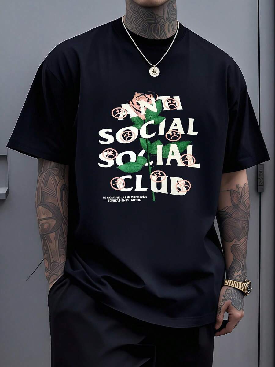 Artistic Graphic Featuring A Blooming Rose Intertwined With Bold Anti Social Club Text Symbolizing Contrast Between Beauty And Isolation 100% Cotton Casual Tee For Men - 黑色 - 查看 1