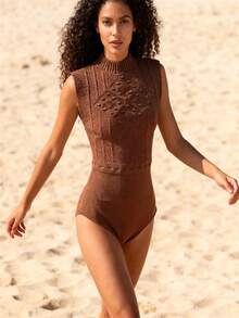 Strapless Bodysuit With Knot Detail, Simple Textured, Beach Vacation Style, Simple Textured Knit, Cable Knit, Beach Vacation Style. - 棕色 - 查看 3