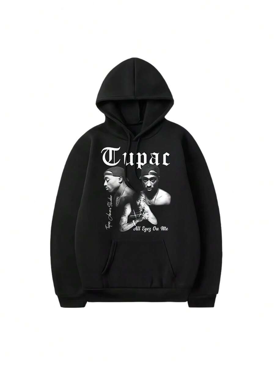 Tupacs 2pacs Men's Rapper Hoodie Fashionable Pattern Font Print Hoodie Comfortable Top Versatile - màu đen - Xem 1