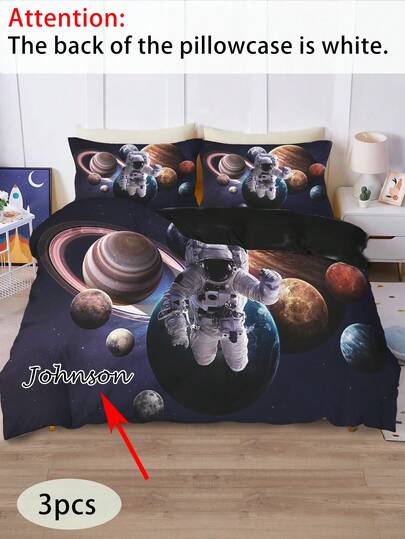 3pcs Customized Bedding Set (1 Reversible Duvet Cover + 2 Single-Sided Pillowcases), Astronaut Space Pattern, Customizable Name Duvet Cover, Polyester Material, Machine Washable, Suitable For Boys Bedroom