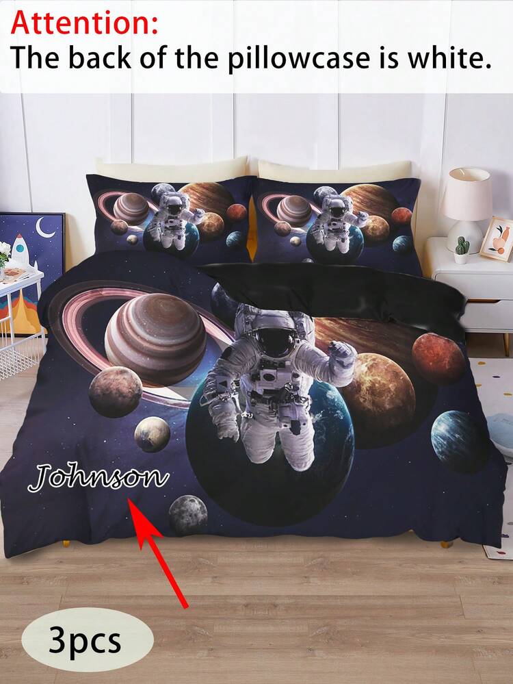 Juego de ropa de cama personalizado de 3 piezas (1 funda de edredón reversible + 2 fundas de almohada de una sola cara), con patrón de astronauta y espacio, funda de edredón personalizable con nombre, material de poliéster, lavable a máquina, adecuado para dormitorio de niños - Multicolor - Añade 1