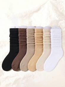 6pairs Children's Solid Color Fashionable Bubble Pile Socks, Comfortable, Breathable, Classic, European Style, Knee-High, Casual Scrunch Socks