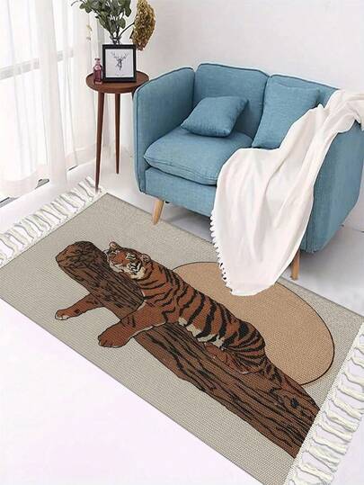 1 块虎纹装饰地毯，简约编织防滑矩形区域地毯，带白色流苏，易于清洁的浴室垫，适用于厨房、洗衣房、游戏室、农舍、露台、阳台、门廊和办公室，耐用的室内外门垫，秋冬装饰，家居装饰，节日礼物