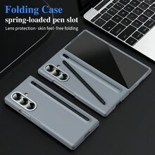 حافظة واقية قابلة للطي مطورة، متوافقة مع هواتف سامسونج جالكسي زد فولد 3/4/5/6/7، بفتحة قلم واحدة، تأتي مع قلم حبر، ملمس رقيق، قابلية طي لا نهائية، حلقة حماية العدسة، متوفرة باللون الأزرق/الرمادي/الوردي/الأسود، مناسبة للرجال والنساء