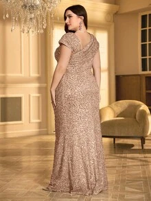 大码亮片褶饰不对称领口礼服派对礼服婚礼宾客礼服晚礼服、新娘礼服、生日女士服装、毕业礼服 - 杏色 - 查看 2