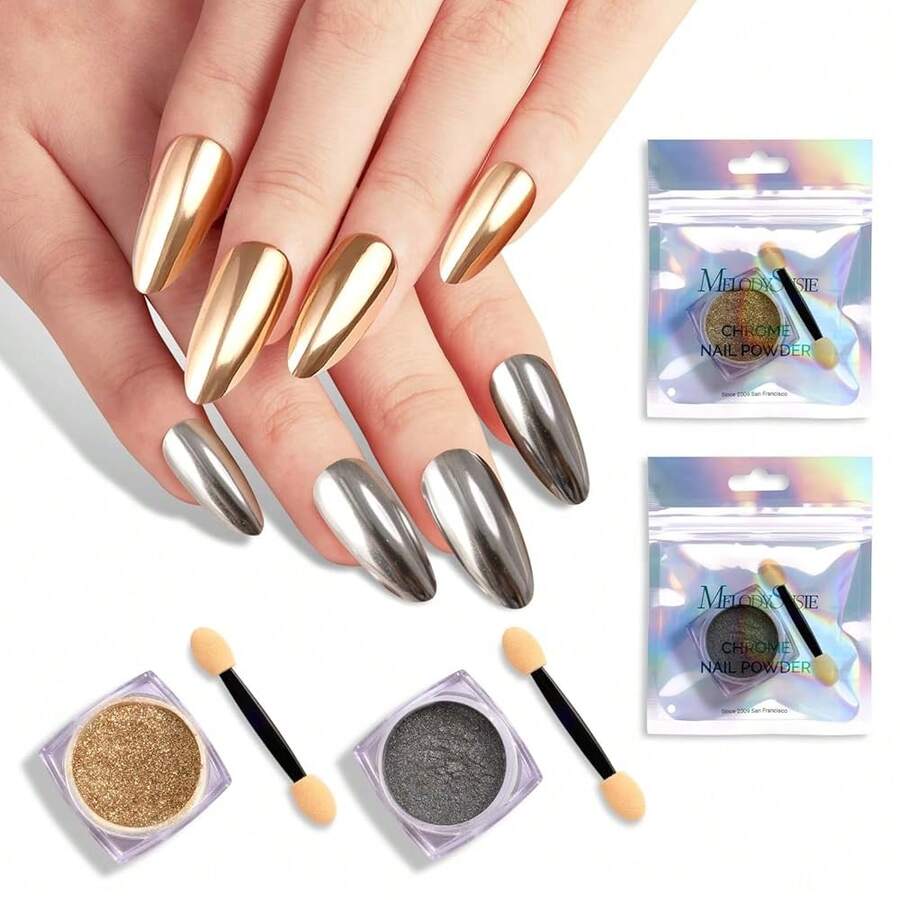 MelodySusie 2Pcs Chrome Nail Powder For Gel Nails,Metallic Mirror Effect Pigment Stylish And Technological Fine Glitter For Home DIY Salon Use{"Color_name":"SilverandChampagneGold"} - 銀色和香檳金色 - 查看 1