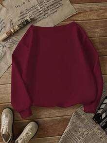 Minimalist Letter Print Asymmetrical Shoulder Burgundy Sweatshirt For Women, Retro American Style Top For Autumn/Winter